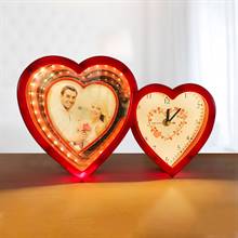 Red Hearts LED Magic Mirror Photo Frame with Clock (Width 12 in)