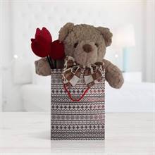 Gingerbread Brown Hallmark Teddy with Crochet Tulip Poms in a Gift Bag