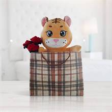 Innocent Eyes Tiger Cub Plush Toy with Crochet Tulip Poms in a Gift Bag