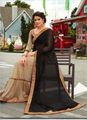 Golden Color Net Saree with Black Georgette Aachal (with Blouse) - Unstitched Set