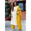 Off White Kurti with Yellow Plazo and Shawl Set (322-114)