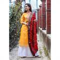 Light Orange Embroidery/Mirror Worked Kurti with Red Shawl for Women (419-101)