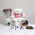 Belgian White Teddy - B, Rose Bouquet & Chocolates 