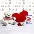 Belgian White Teddy, Heart Cushion & White Rabbit