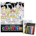 Dreamland Adult Coloring Book Countryside & DOMS Full-size Color Pencils (12 Shades)