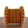Yellow Velvet Bangles with Pearls (Set of 23)